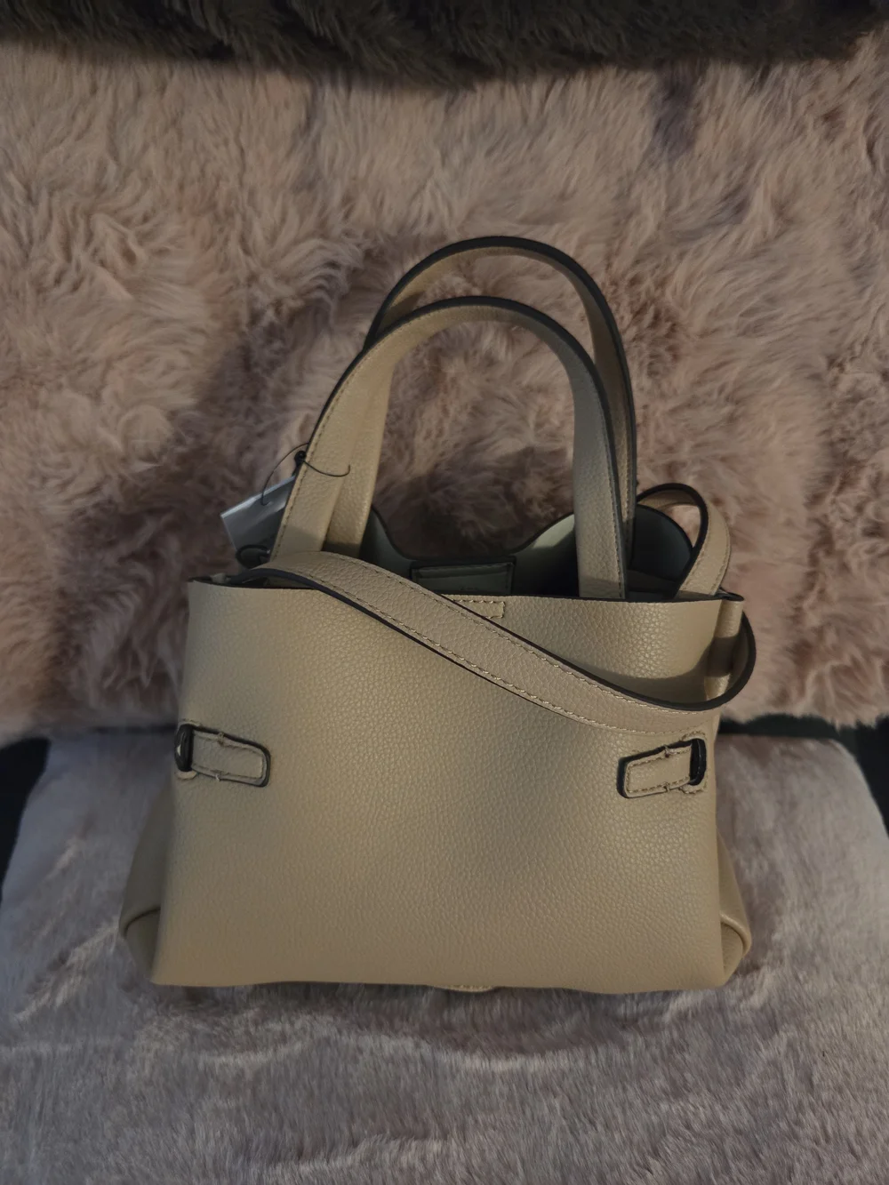 DKNY Pebbled Satchel in Beige-Tan with Silver Hardware